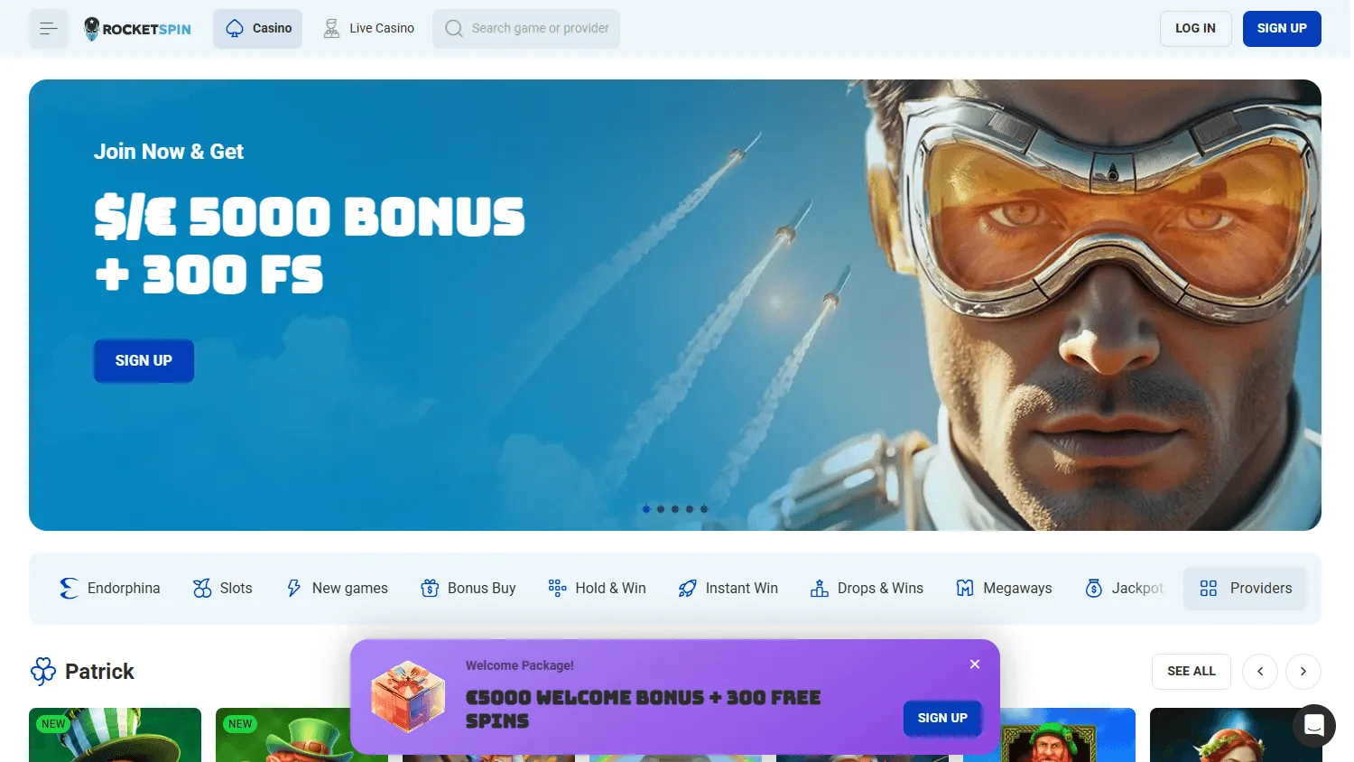 Rocket Spin Casino home screen on desktop