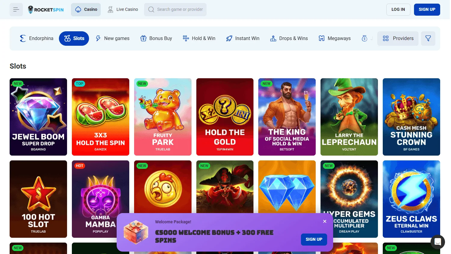 Rocket Spin Casino games screen on desktop