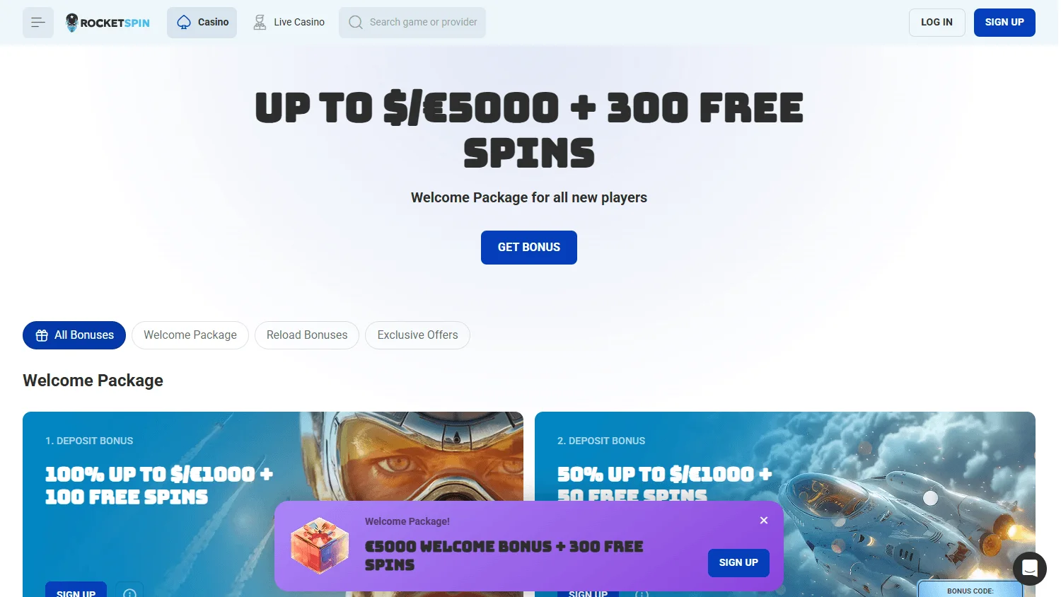 Rocket Spin Casino promotions screen on desktop